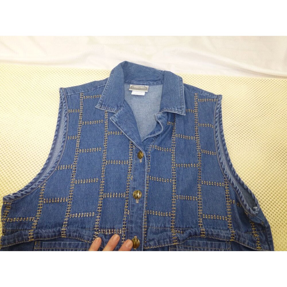 VTG Saint Germain Womens Denim Vest XL Button Front Embroidered Stitching Pocket - Picture 9 of 12
